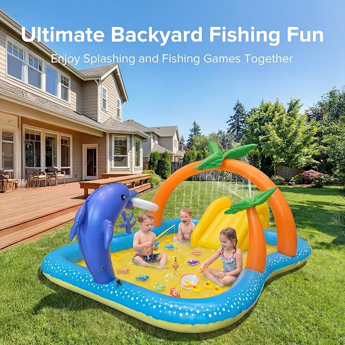Inflatable Kids Pool, Kiddie Pool with Water Slide, Coconut Palm Sprinkler | Inflatable Play Center, 95"x75"x40" Outdoor Blow-Up Splash Pad Pools for Toddlers Ages 2+, Water Park for Summer Fun