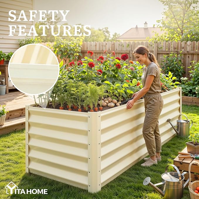 YITAHOME 6x3x3ft Galvanized Raised Garden Bed, Metal Planter Box with Safety Rubber, Gloves, Outdoor Flower Bed for Planting Plants Vegetables, Cream Yellow