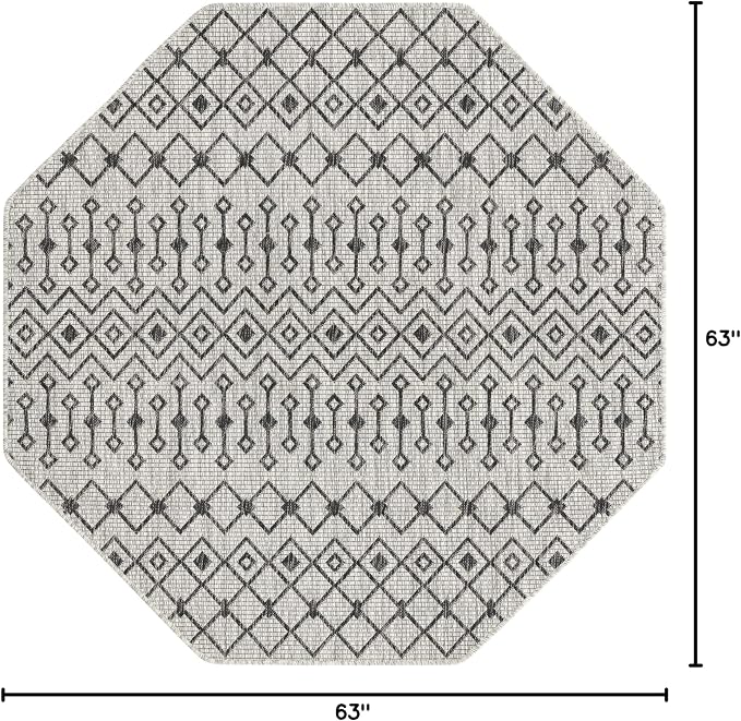 Unique Loom Outdoor Trellis Collection Area Rug - Tribal Trellis (5' 3" Octagon, Gray/ Black)