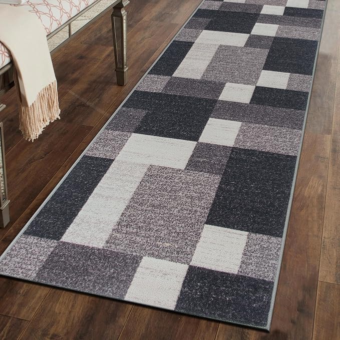 Rugshop Modern Boxes Non-Slip Living Room Kitchen Runner Rug Gray 2'7" x 6' | Runner, Size 2'7" x 6', Bedroom, Dining Room, Home Office, Entryway, Hallway, Nursery, Kids Room, Guest Room