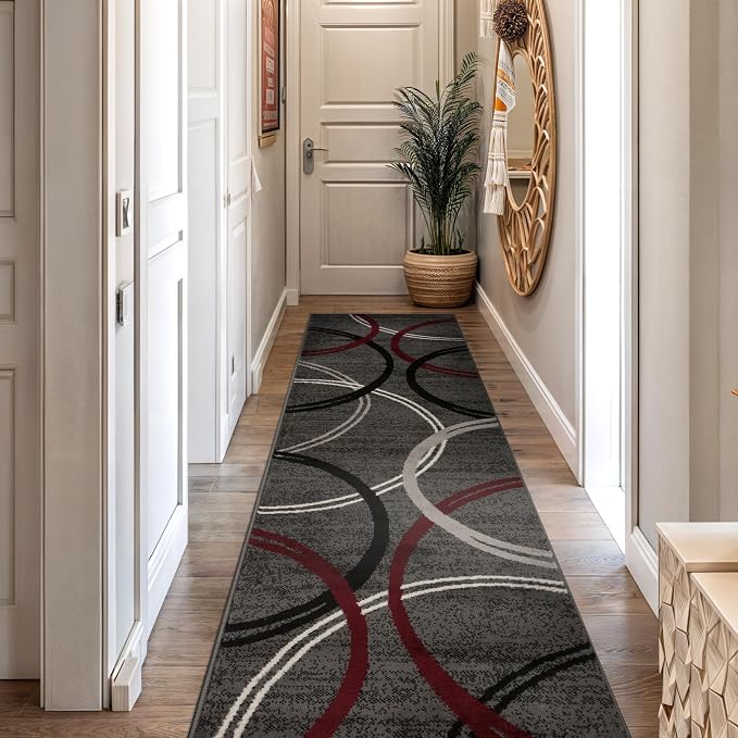 Rugshop Wavy Circles Modern Non-Shedding Runner Rug Red 2'7" x 12' | Rectangular, Size 2'7" x 12', Living Room, Bedroom, Dining Room, Home Office, Kitchen, Entryway, Hallway, Nursery, Kids Room