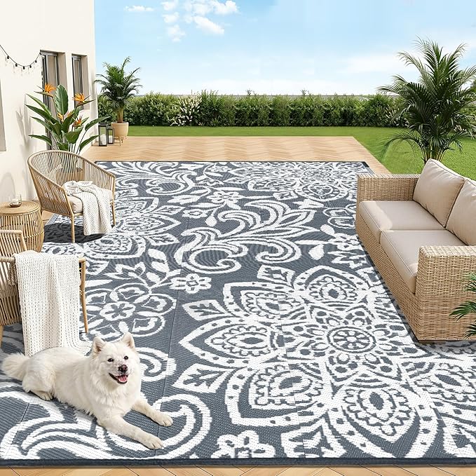 Findosom Waterproof Outdoor Rug 9' x 12' - Reversible Mandala Outdoor Plastic Straw Rug, Durable Foldable Patio Rug for RV, Deck, Balcony, Backyard, Picnic, Porch, Camping, Beach, Gray