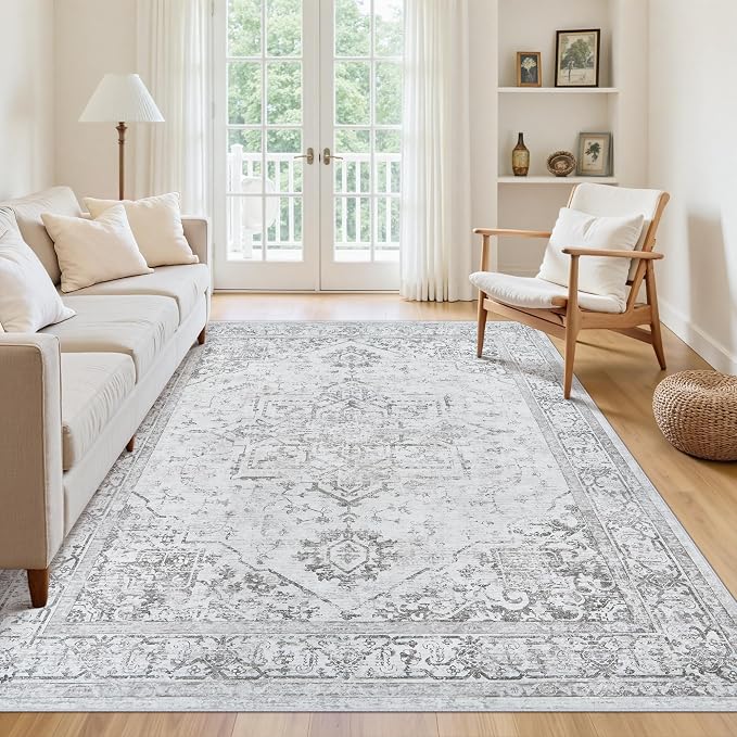 Area Rug 6x9 Living Room Rug Washable Grey Non-Slip Rugs | Vintage Medallion Rug，Soft Low Pile Large Rugs，Indoor Retro Carpet for Bedroom Nursery Dining Table Farmhouse Home Office