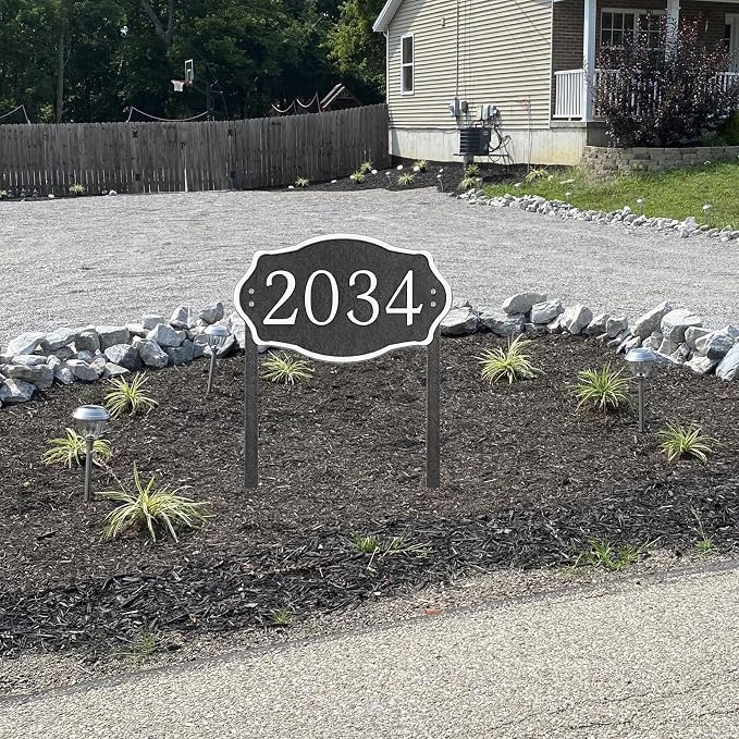 Personalized Address Sign Lawn Mounted - Custom House Number Signs with Metal Stakes for Outside Lawn, House, Yard, Ground, Drive Way, Garden, Free Standing in(Silver)