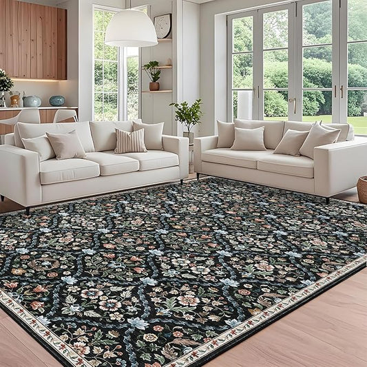 ROYHOME 8x10 Area Rug Trellis Machine Washable Rug for Living Room | Stain Resistant Non-Slip Accent Rug Carpet Farmhouse Vintage Distressed Floral Floor Cover for Home Decor, Black