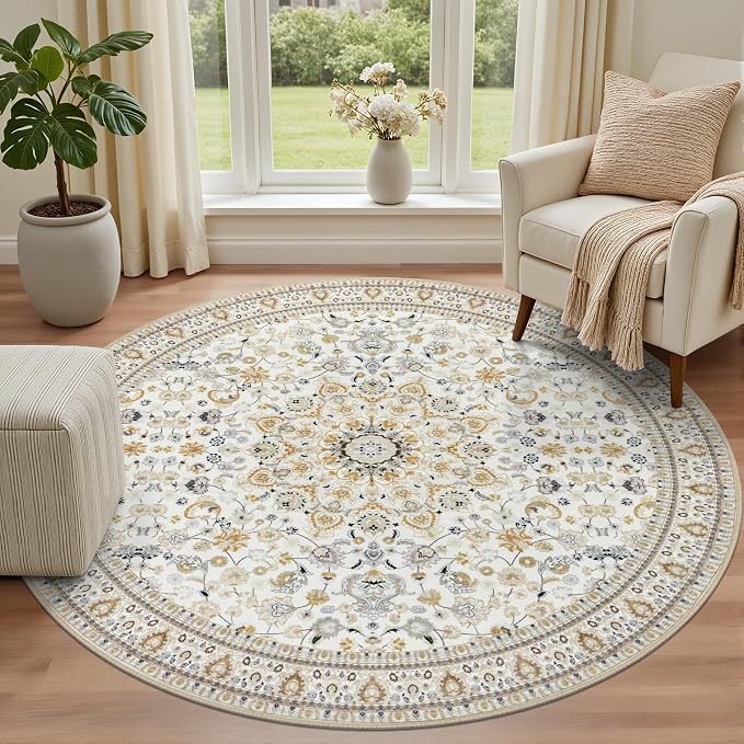 Round Area Rug for Living Room: 4ft Washable Rug for Bedroom Beige | Vintage Boho Soft Round Rug Indoor Floor No Slip Carpet Stain Resistant Rugs for Bedroom Dining Room Nursery Home Office
