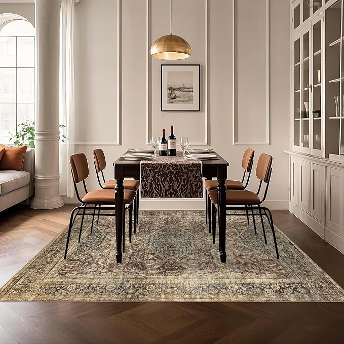 Washable 6x9 Area Rug: Vintage Brown Rugs for Living Room Bedroom Dining Room Office Indoor - Soft Non-Slip Large Carpet Home Decor - Oriental Dark Brown