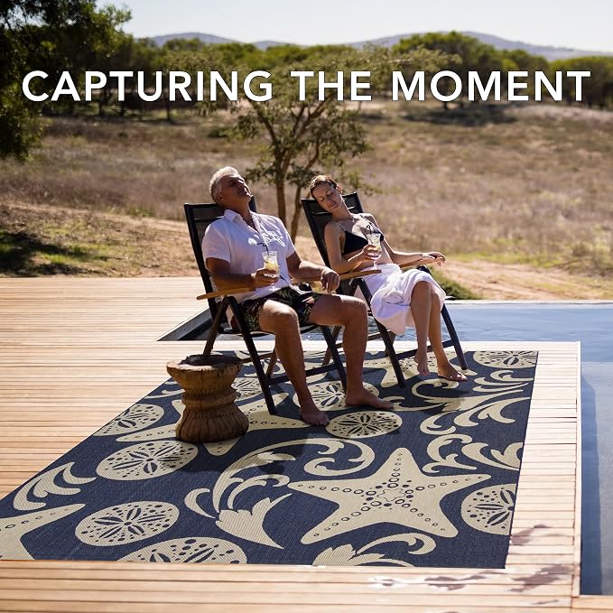 Gertmenian Indoor Outdoor Classic Flatweave Area Rug, Stain & UV Resistant Carpet, Deck, Patio, Poolside & Mudroom, 6x9 Ft Medium, Simple Border, Navy Blue, 21768