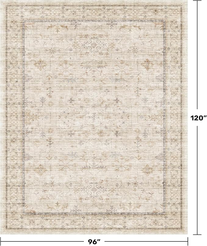 Washable Ivory Living Room Rug, 8x10 Non Slip Area Rugs for Bedroom, Dinning Room Under Table Low Pile Neutral Farmhouse Vintage Foldable Decor