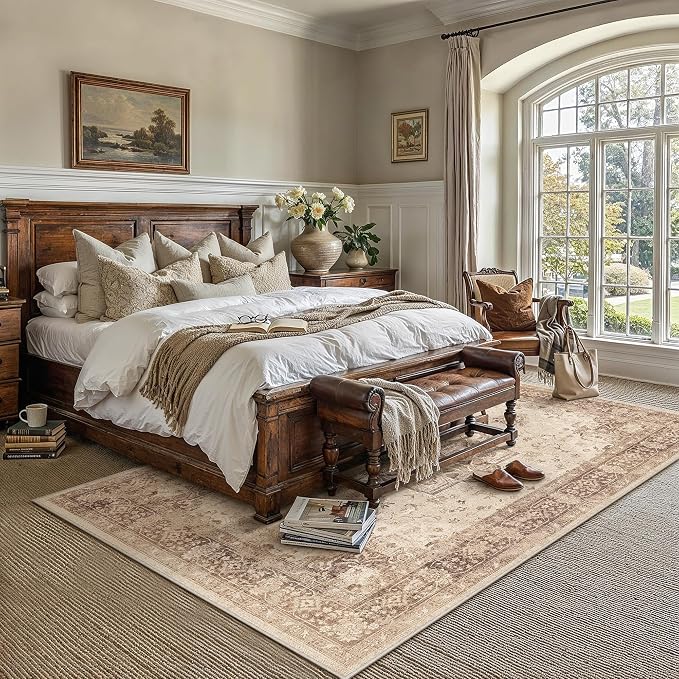 Brown 5x7 Washable Area Rug Living Room Vintage Oriental Carpet | Soft Low Pile, Non Slip, Stain Resistant, Floral Medallion, Retro Indoor Decor for Bedroom, Dining Room, Kids Room, Office