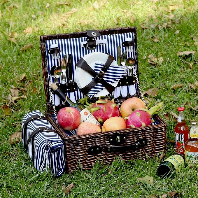 Picnic Basket Set for 4 with Waterproof Blanket Mat Insulation Bag Wicker Navy Blue Vintage Classic Gift for Christmas Thanksgiving Wedding Birthday Camp Outdoor Beach Travel