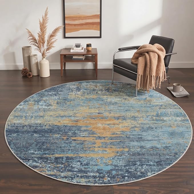 BEIMO 5FT Washable Round Rug for Living Room, Wave Abstract Blue Orange | 5' Soft Machine Washable Modern Circle Rug,Streaks Pattern Non Slip Indoor Carpet for Dining Room Playroom Bedroom Office