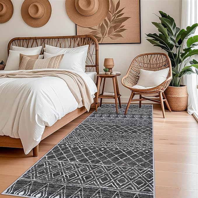 4x8 Modern Hallway Runner Rug:Moroccan Machine Washable Carpet Black | Non Slip Pets Friendly Runner Low Pile Soft Indoor Floor Mat Front Door for Kitchen Bedroom Entryway Laundry
