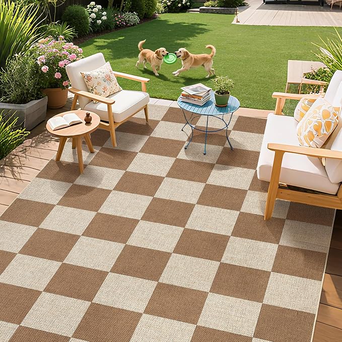 GarveeHome Checkered Easy Jute 3x5 Entryway Rug Machine Washable Outdoor Patio Rug Non-Slip Backing Checkerboard Brown Indoor Outdoor Carpet for Hallway Bathroom Kitchen Bedroom
