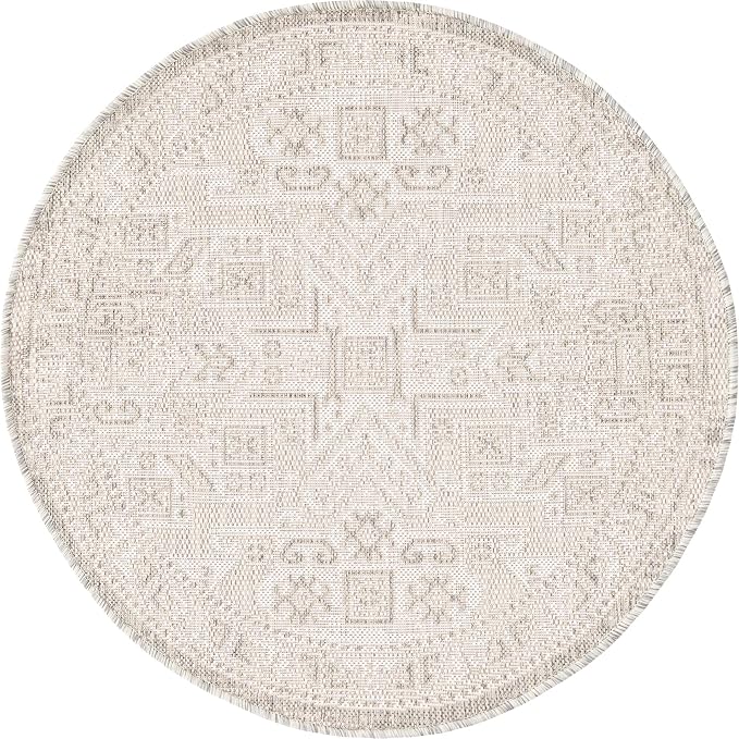 Unique Loom Outdoor Aztec Collection Area Rug - Coba (3' 3" Round, Light Gray/ Ivory)
