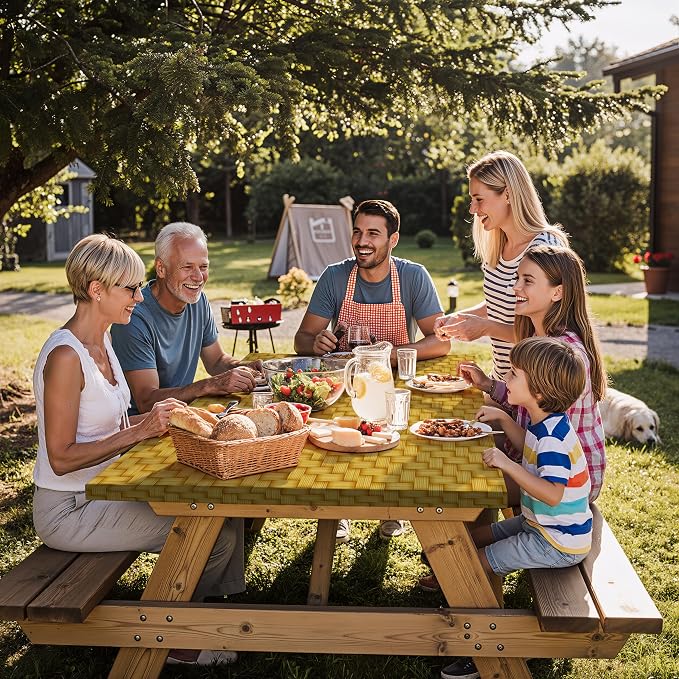 Fitted Picnic Table Cover with Chair Covers Elastic Water Resistant Camping Tablecloth for 8 Foot Rectangle Tables Garden Patio Outdoor Organization Road Trip Hiking Motorhome Essential Gift