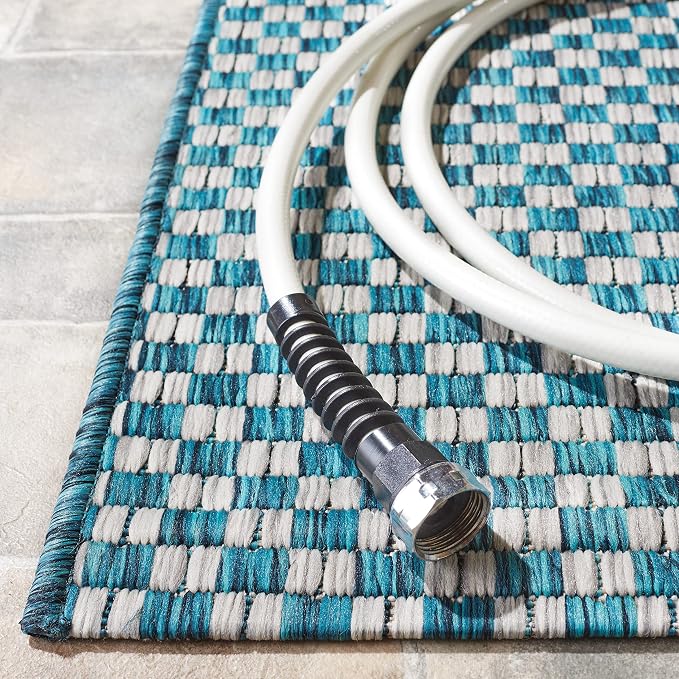 SAFAVIEH Courtyard Collection CY8653 Indoor/ Outside Easy scrubbing Patio Backyard Mudroom Runner-Mat, 2' 3' x 18' Turquoise / Light Grey