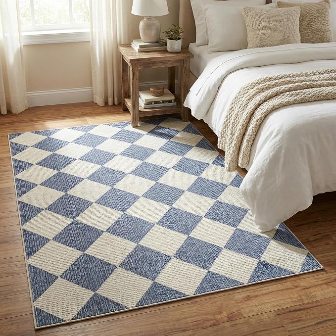 GarveeHome 3x5 Checkered Area Rug Non Slip Washable Entryway Bedroom Rug | Modern Geometric Plaid Navy Blue Carpet Classic Throw Mat for Kitchen Bedside Kids Room Office Dining Room