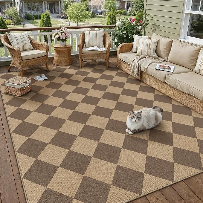 PureCozy 6x9 Checkered Easy Jute Area Rug for Living Room Large Checkerboard Washable Indoor Outdoor Carpet Farmhouse Patio Office Mat Geometric Non Slip Brown Carpet for Backyard Dining Room