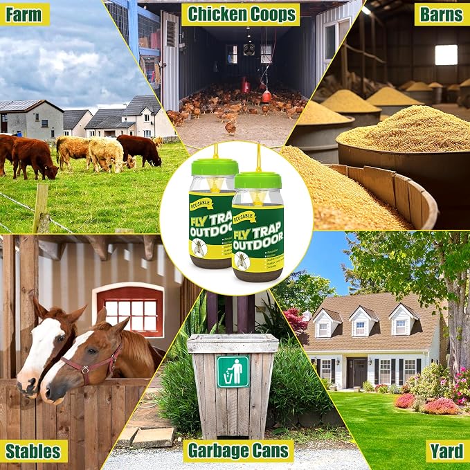4 Pack Reusable Fly Traps Outdoor Jar with Natural Flies Trap Refill, Bug Catcher and Ranch Fly Hunter Insect Outdoor Repellent Killer for Stable Horse, Garden