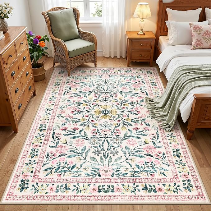PLHXFR Area Rug Living Room: 3x5 Floral Washable Boho Carpet Pink Green | For Bedroom Dining Room Farmhouse Nursery Hallway,Vintage Floral,Machine washable,Non Slip,Stain Resistant,Large Indoor