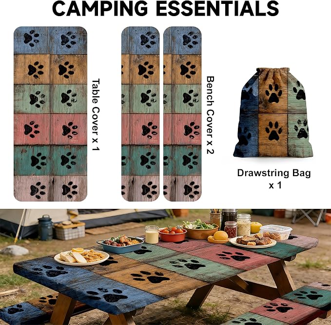 NYZE 3 Pieces Picnic Table Cover with Bench Covers Set, Camping Tablecloth, Tablecloth Cover with Drawstring Bag, Camping Essentials for Outdoor Picnics, Patio, BBQ (Paw Print Wood)