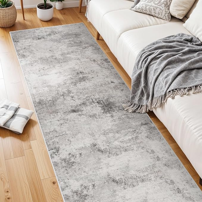 Carpet Runners for Hallway 8ft: Washable Non Slip Abstract Rugs Grey | for Kitchen Entryway Bedroom - Soft Stain Resistant Easy Clean Mat for Family with Pets