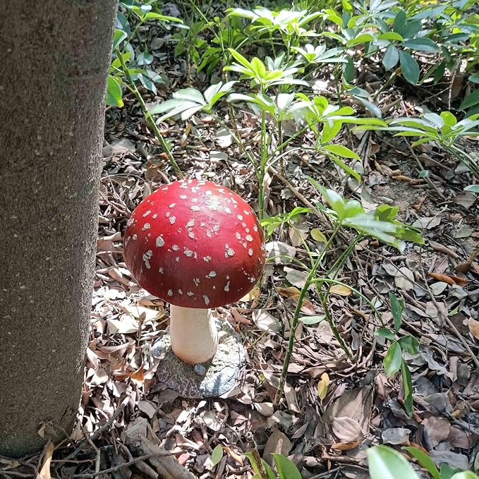 Mushroom Decor Outdoor Garden Statue - Garden Gnome's Favorite Garden Decoration Patio Decor (11.8", Red)