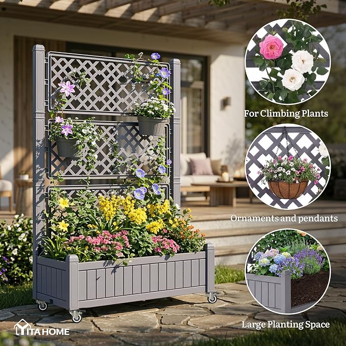 YITAHOME 43.3x17.7x61 in Planter Boxes Outdoor with Trellis, Resin Raised Garden Bed with Wheels & Drain Plug for Climbing Plants, Weather-Resistant Design Elevated Garden Bed with Trellis, Brown