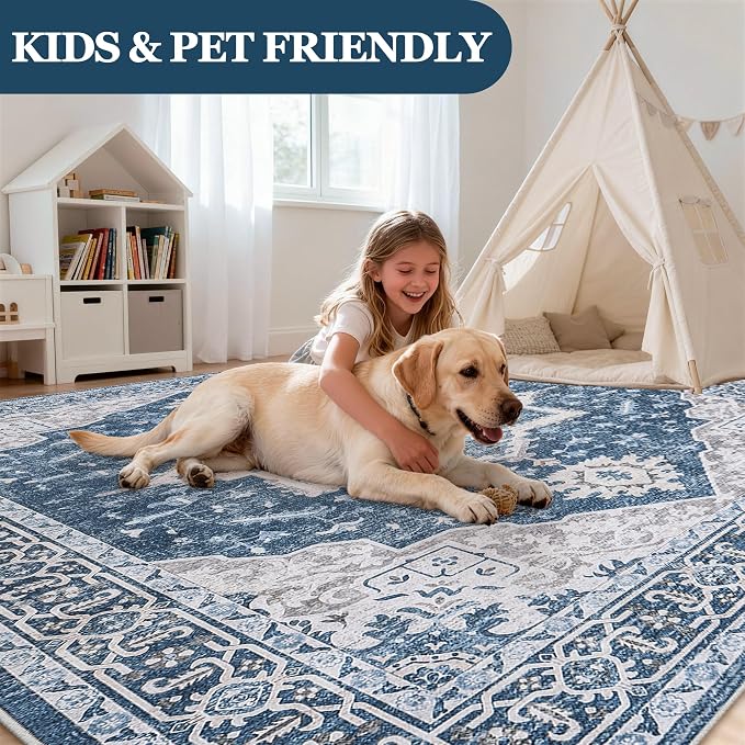 5x7 Washable Area Rugs for Bedroom Blue Non-Slip Rug | Vintage Medallion Rug，Soft Low Pile Large Rugs，Indoor Retro Carpet for Bedroom Nursery Dining Table Farmhouse Home Office