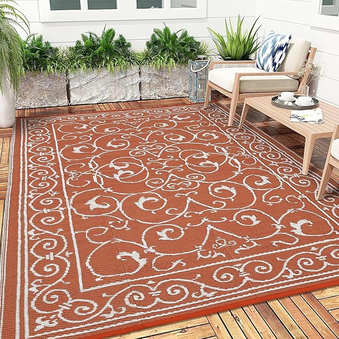 Garvee 9x12 Outdoor Rug for Patio Plastic Straw Rug Waterproof Reversible Mat Lightweight Foldable Carpet Easy Clean Large Rugs for Patio Porch Backyard Camping RV Beach Balcony Deck Vintage Orange