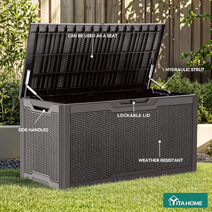 YITAHOME 100 Gallon Large Resin Deck Box Outdoor Storage Boxes for Patio Furniture, Outdoor Cushions, Garden Tools and Pool Supplies-Waterproof,Lockable (Dark Brown)