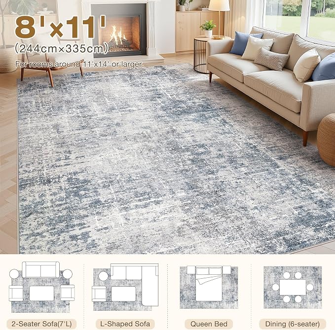 kakania Abstract 8x11 Area Rugs for Living Room: Washable Rugs Blue Grey | Soft, Non-Slip, Low-Pile, Pet & Kid Friendly - Large Modern Home Decor Carpet for Bedroom/Dining Room/Office/Nursery
