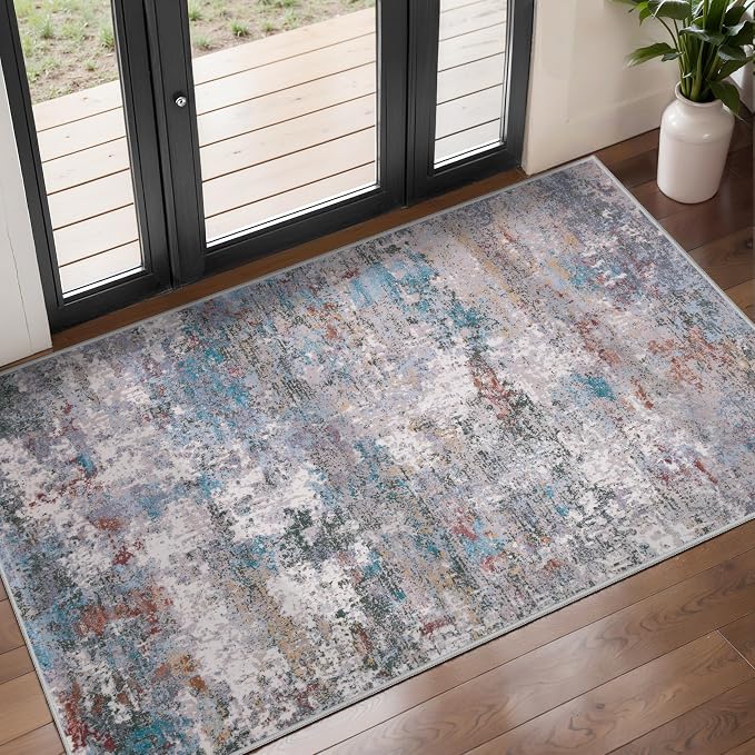 Tangsoo Abstract 2x4 Washable Rug for Entryway, Small Modern Non Slip Rugs | Indoor Front Door 2x4 Runner Rugs,Print Door Mat, Soft Low Pile Rugs for Entrance Kitchen Entry Bathroom Blue Grey Home Decor