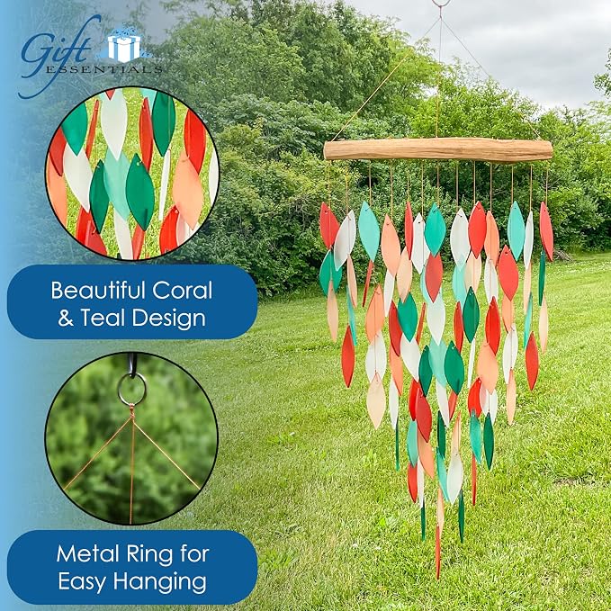 Blue Handworks Coral and Teal Deluxe Waterfall Glass Wind Chime | Handcrafted Deluxe Waterfall Glass Wind Chime in Deep Forest Teal, Bright Aqua, Vivid Coral Orange and Soft Peach