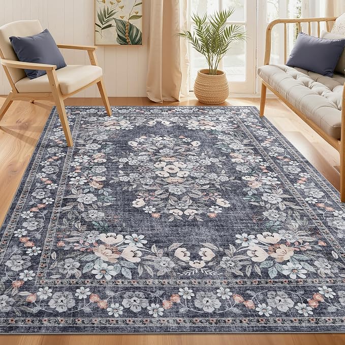 GarveeHome Vintage Area Rug 4x6 for Dining Room Boho Flower Accent Mats | Botanical Bordered Floor Carpets Machine Washable Non-Slip Low Pile Floral Rugs for Bedroom Living Room Dorm Home Blue
