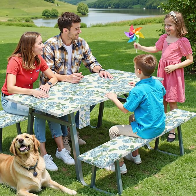 Picnic Table Cover with Bench Covers Elastic,Fitted Table Cloths for Rectangle Tables 6 Foot Washable,Waterproof Tablecloth for Outdoor Camping Essentials (Blue Hydrangea, 6 Foot)
