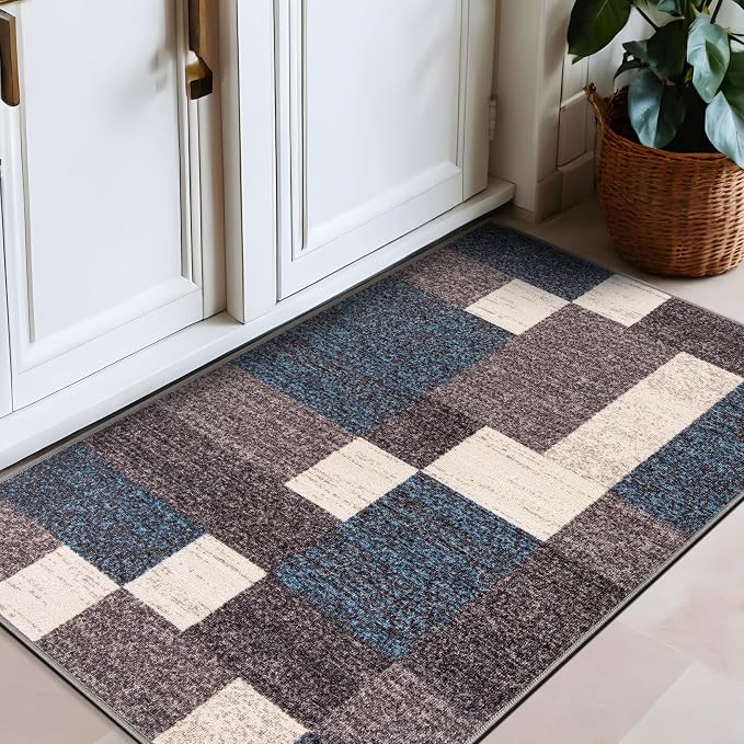 Rugshop Modern Boxes Non-Slip Living Room Kitchen Area Rug Blue 2'7" x 4' | Rectangular, Size 2'7" x 4', Bedroom, Dining Room, Home Office, Entryway, Hallway, Nursery, Kids Room, Guest Room, Bedside
