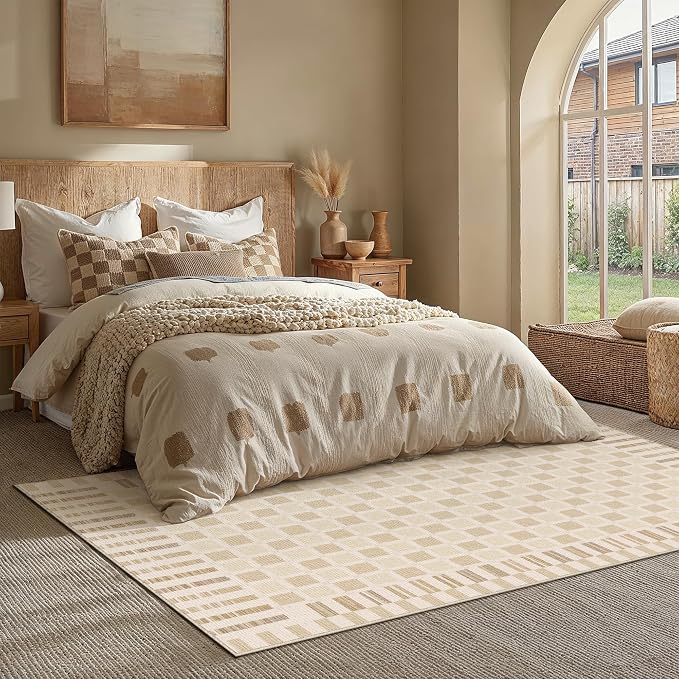 Beige 8x10 Washable Area Rug Living Room Large Non Slip Carpet | Soft, Low Pile, Modern, Pet Friendly, Indoor Rugs for Bedroom, Office, Nursery, Dining Room, Kids Room