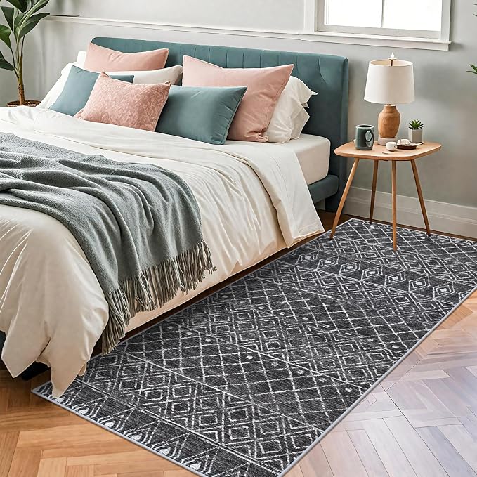 3x6 Moroccan Runner Rug Washable: Non Slip Pets Friendly Runners Black | Hallway Rug Low Pile Soft Indoor Floor Mat Front Door for Kitchen Bedroom Entryway Laundry