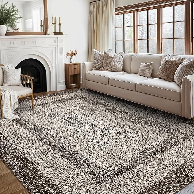 RUGSREAL 9x12 Living Room Rug Large Bedroom Washable Rug Non Slip | Indoor Throw Floor Cover Farmhouse Rustic Area Rug Modern Geometric Border Carpet for Bedroom Home Decor, Mocha
