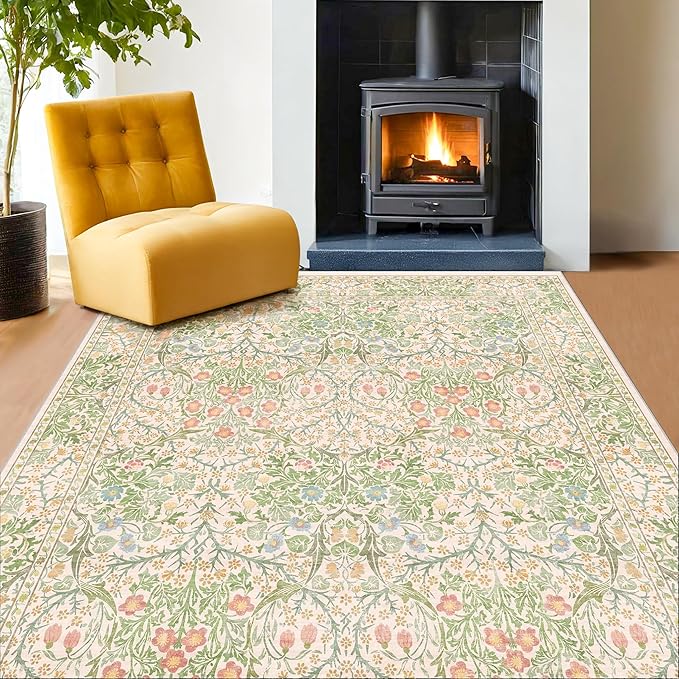 Beige Green Bedroom Rug 5x7 Area Rug for Living Room, Vintage Washable Floral Rugs for Nursery, Dining Room, Light Green Non Slip Stain Resistance Distressed Retro Low Pile Floor Mat Indoor