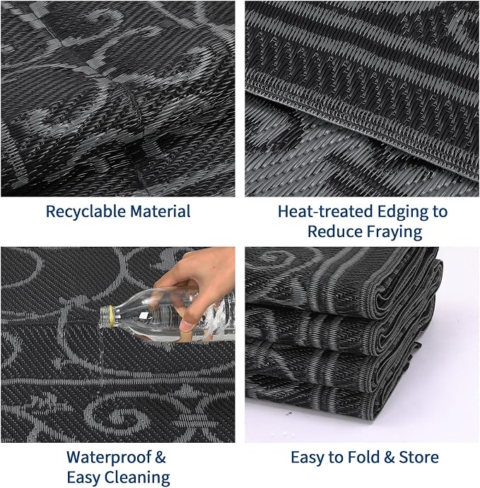 Garvee Outdoor Rug 9x18 Outdoor Patio Rug Reversible Plastic Straw Rugs Waterproof Foldable Mat Easy Clean Lightweight Carpet for Backyard Camping Porch RV Beach Balcony Deck Picnic Vintage Black