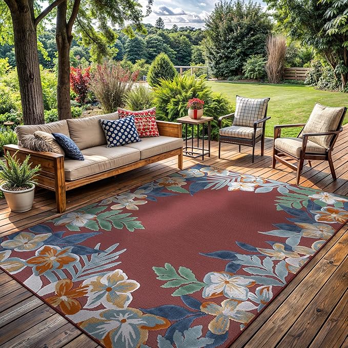 Outdoor Rug 6x9 Washable Area Rugs Indoor Outdoor Carpets Red Border Floral Non Shedding Waterproof Easy Clean Patio Deck Porch Living Room Bedroom Garden RV (6 X 9 Red)