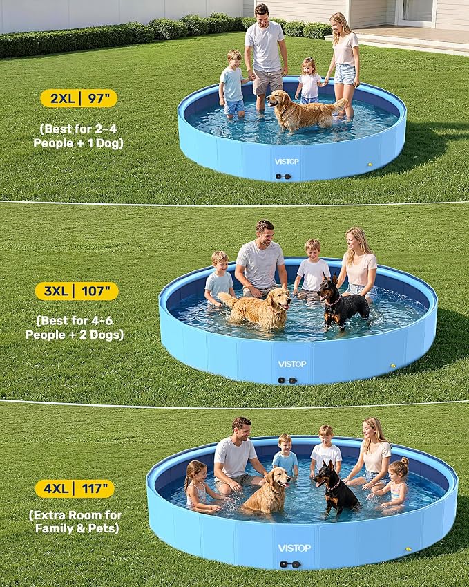VISTOP 107" Foldable Dog Pool with Sprinkler, Extra Large Kiddie Pool for Kids & Pets, Non-Slip Hard Shell Collapsible Backyard Splash Pad for Outdoor Summer Water Play