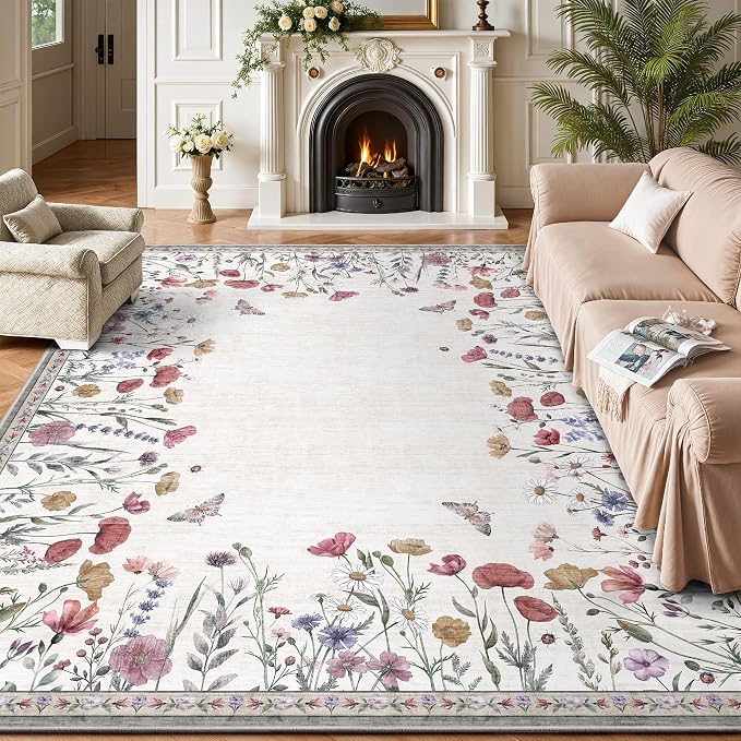 5x7 Area Rugs, Rugs for Bedroom, Indoor Non-Slip Washable Rug for Living Room, Dining Room, Low Pile Home Decor Floral Rug(Classic Beige)