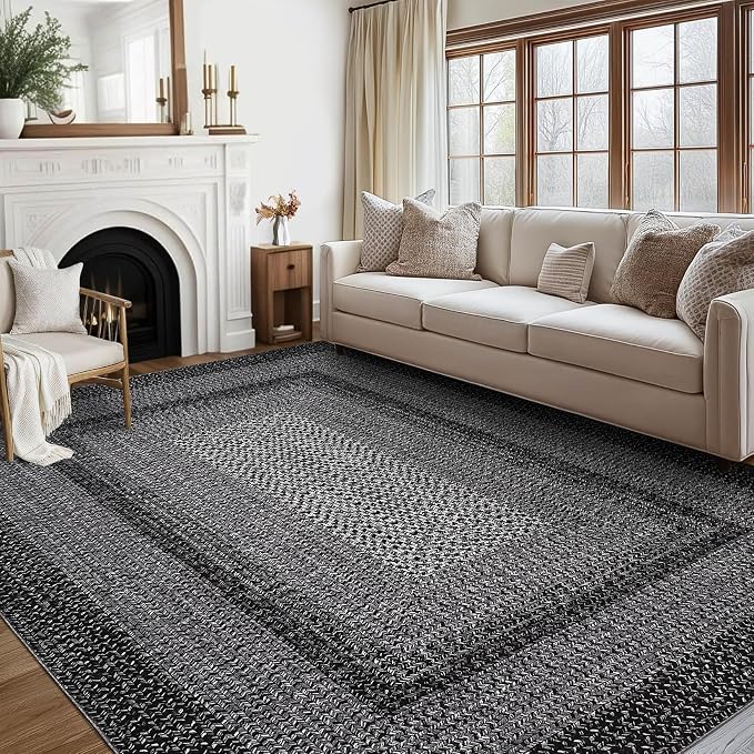 RUGSREAL Washable Bedroom Rug 4x6 Living Room Braided Print Floor Cover | Dining Room Throw Carpet with Rubber Backing Farmhouse Rustic Accent Rugs for Living Room Home Decor, Black