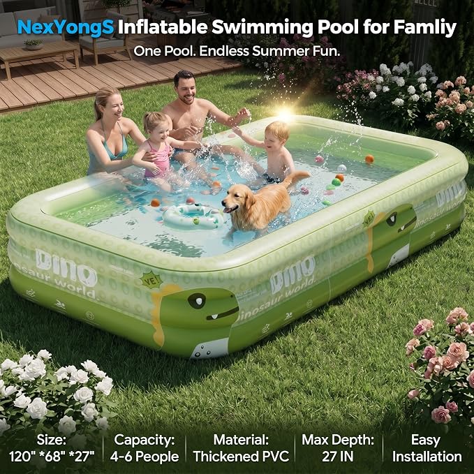 NexYongS Oversized Inflatable Pool,Thickened PVC Family Swimming Pool, Outdoor, Garden, Backyard, Summer Water Party,Green Dinosaurs