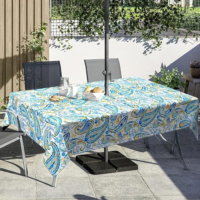 Outdoor Tablecloth with Umbrella Hole and Zipper, Rectangle Patio Table Covers for Spring/Summer, Machine Washable Outdoor Picnic Table Cloth (Paisley, 60" × 120" Rectangular)