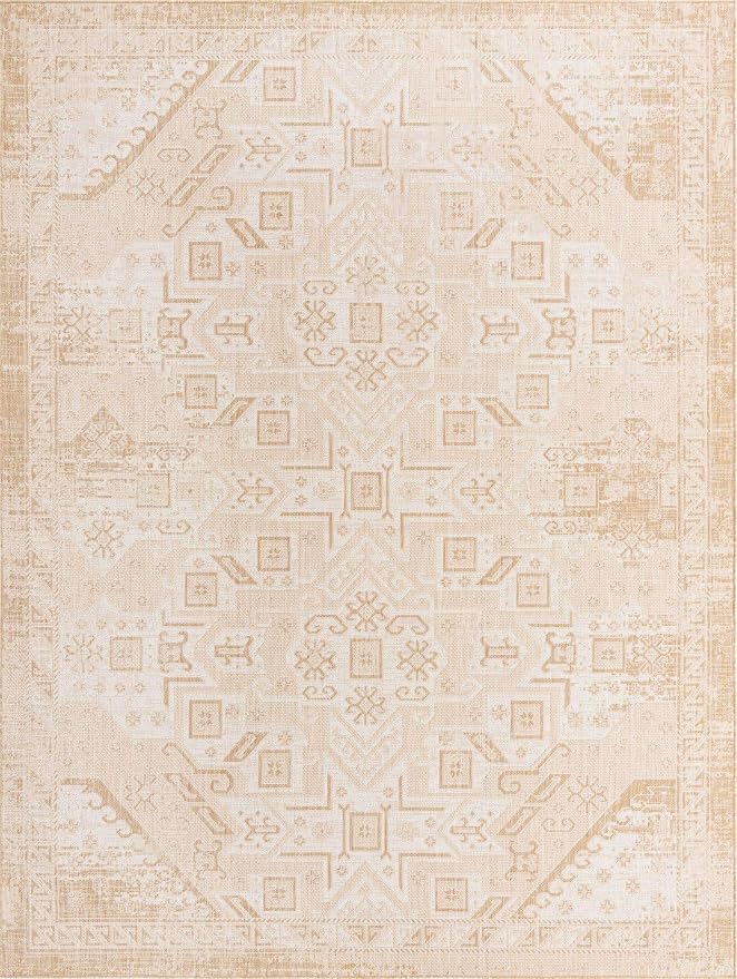 Unique Loom Outdoor Aztec Collection Area Rug - Coba (9'x 12' Rectangle, Natural/ Ivory)